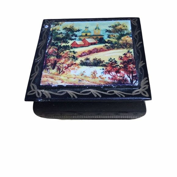 Vintage Russian Lacquer Hand Painted Fairy Tale Hinged Trinket Box Lot of 2 - Picture 6 of 8